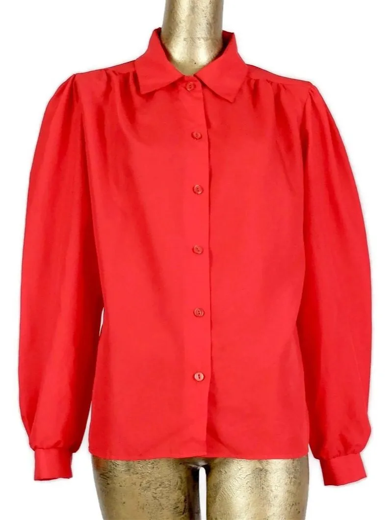 70s Mod Style Red Puff Sleeve Collared Button Up Disco Shirt Blouse
