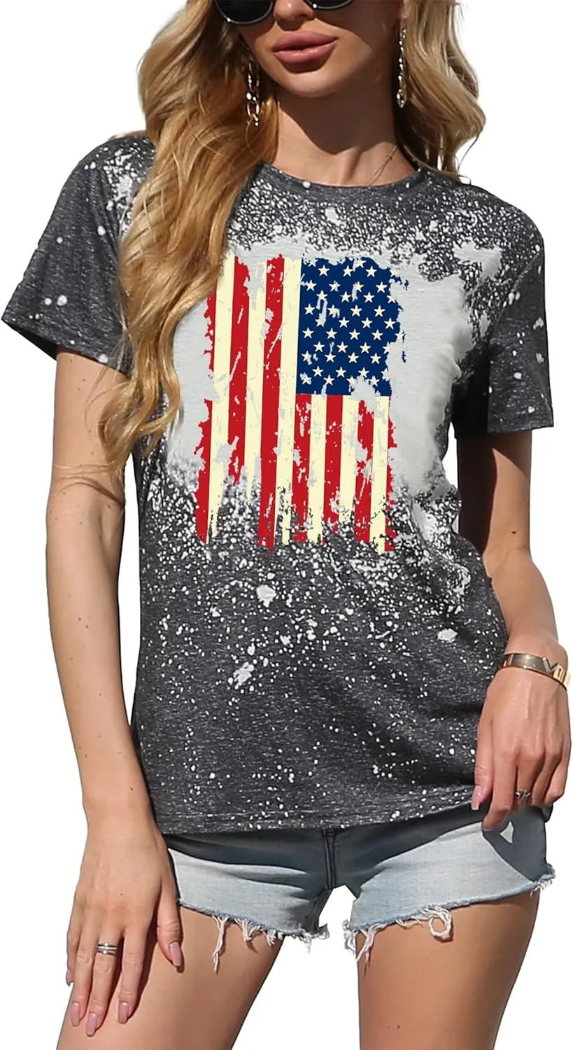 American Flag Shirt Women Patriotic Shirt Vintage USA Flag Bleached T-Shirt Short Sleeve 4th of July Tee Tops