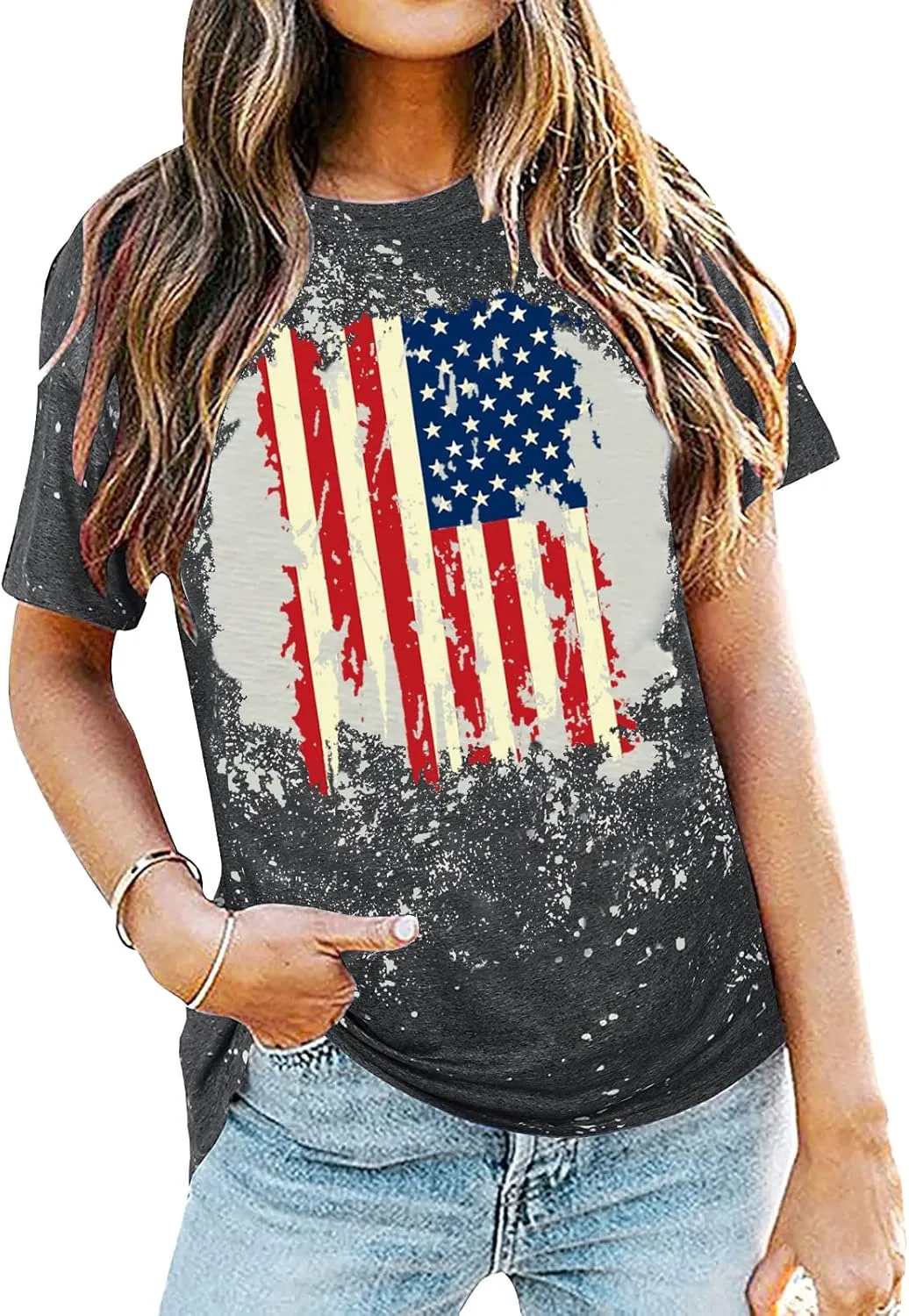 American Flag Shirt Women Patriotic Shirt Vintage USA Flag Bleached T-Shirt Short Sleeve 4th of July Tee Tops