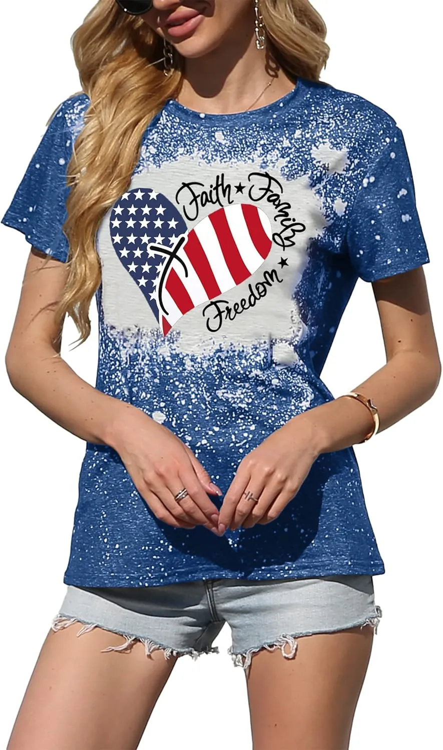 American Flag Shirt Women Patriotic Shirt Vintage USA Flag Bleached T-Shirt Short Sleeve 4th of July Tee Tops