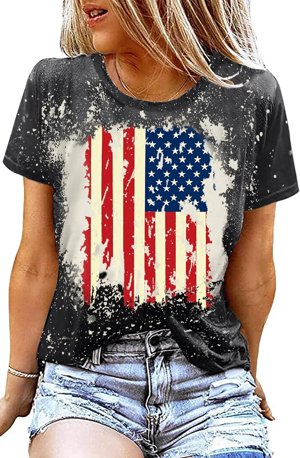 American Flag Shirt Women Patriotic Shirt Vintage USA Flag Bleached T-Shirt Short Sleeve 4th of July Tee Tops