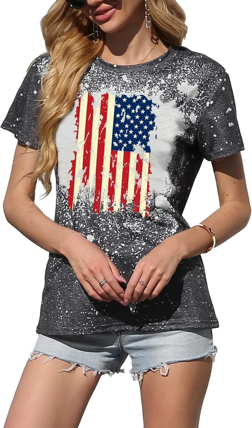 American Flag Shirt Women Patriotic Shirt Vintage USA Flag Bleached T-Shirt Short Sleeve 4th of July Tee Tops
