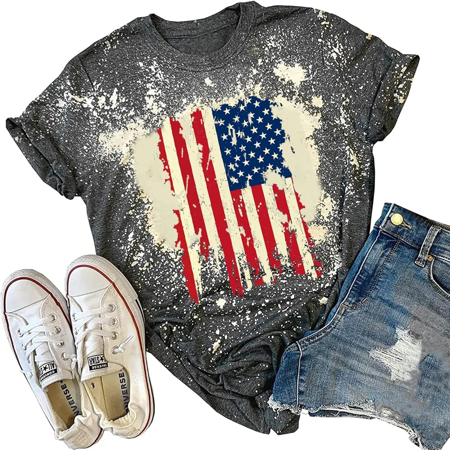 American Flag Shirt Women Patriotic Shirt Vintage USA Flag Bleached T-Shirt Short Sleeve 4th of July Tee Tops