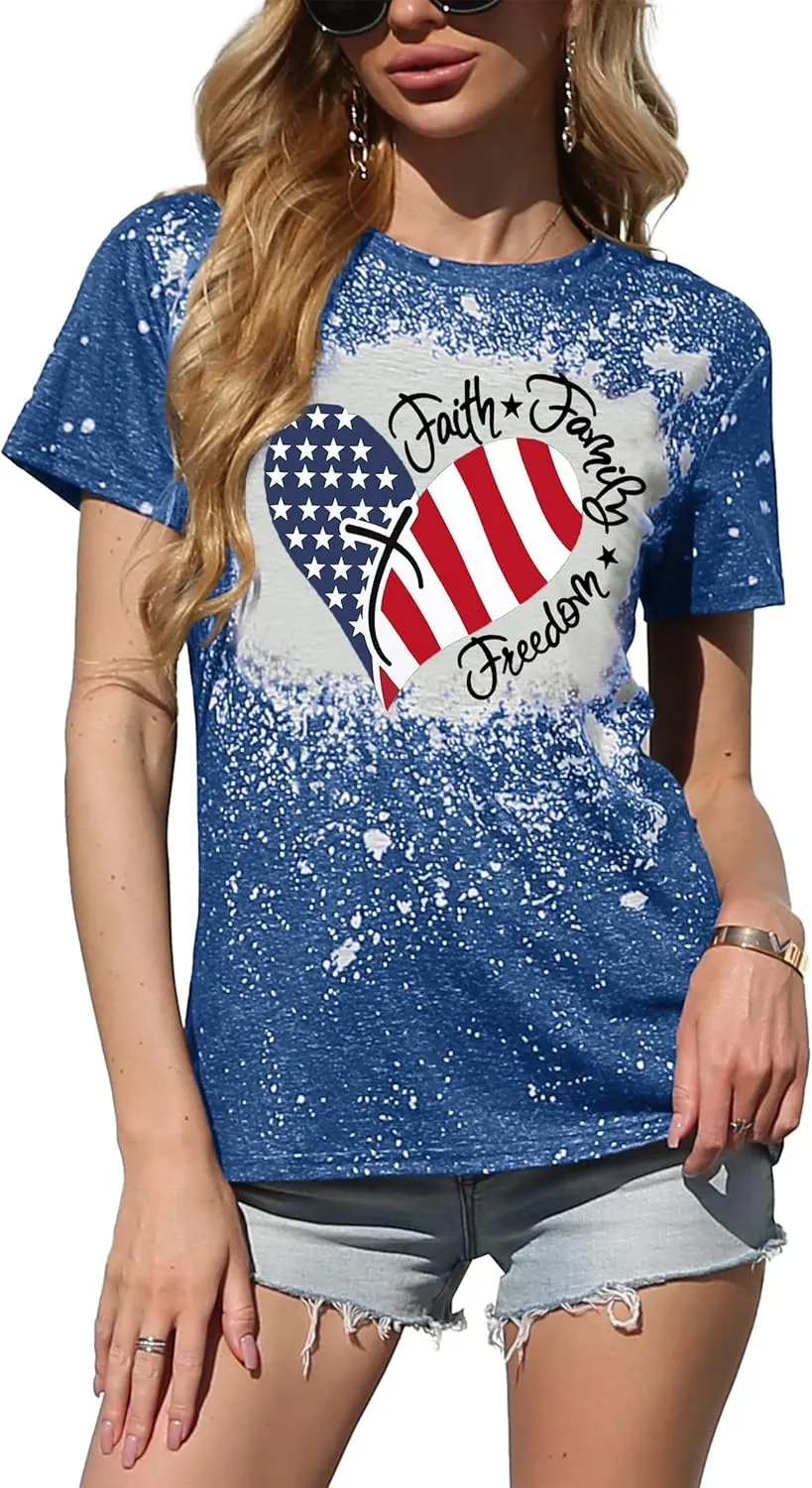 American Flag Shirt Women Patriotic Shirt Vintage USA Flag Bleached T-Shirt Short Sleeve 4th of July Tee Tops