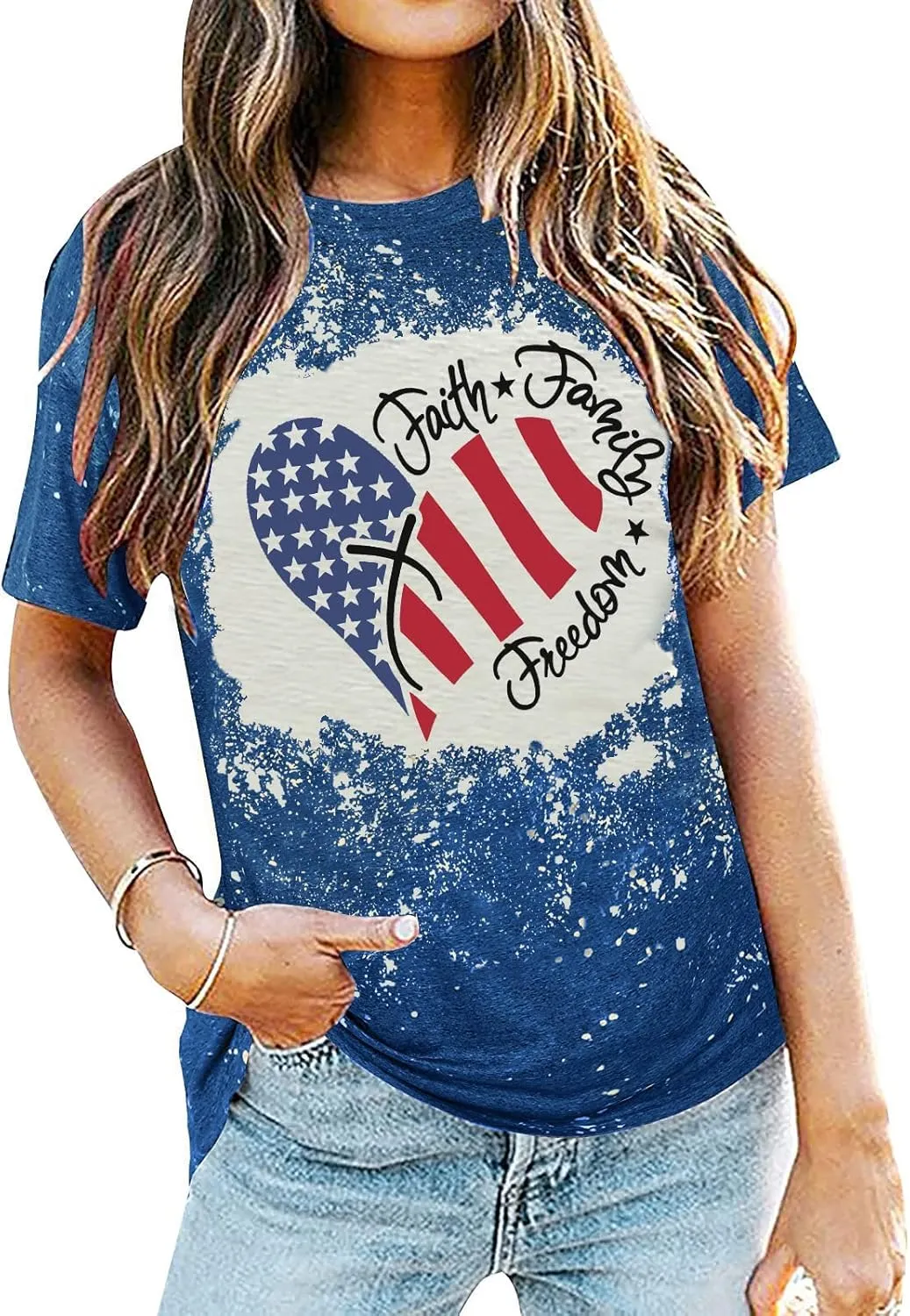 American Flag Shirt Women Patriotic Shirt Vintage USA Flag Bleached T-Shirt Short Sleeve 4th of July Tee Tops