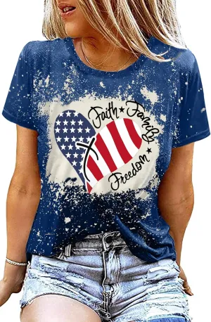 American Flag Shirt Women Patriotic Shirt Vintage USA Flag Bleached T-Shirt Short Sleeve 4th of July Tee Tops