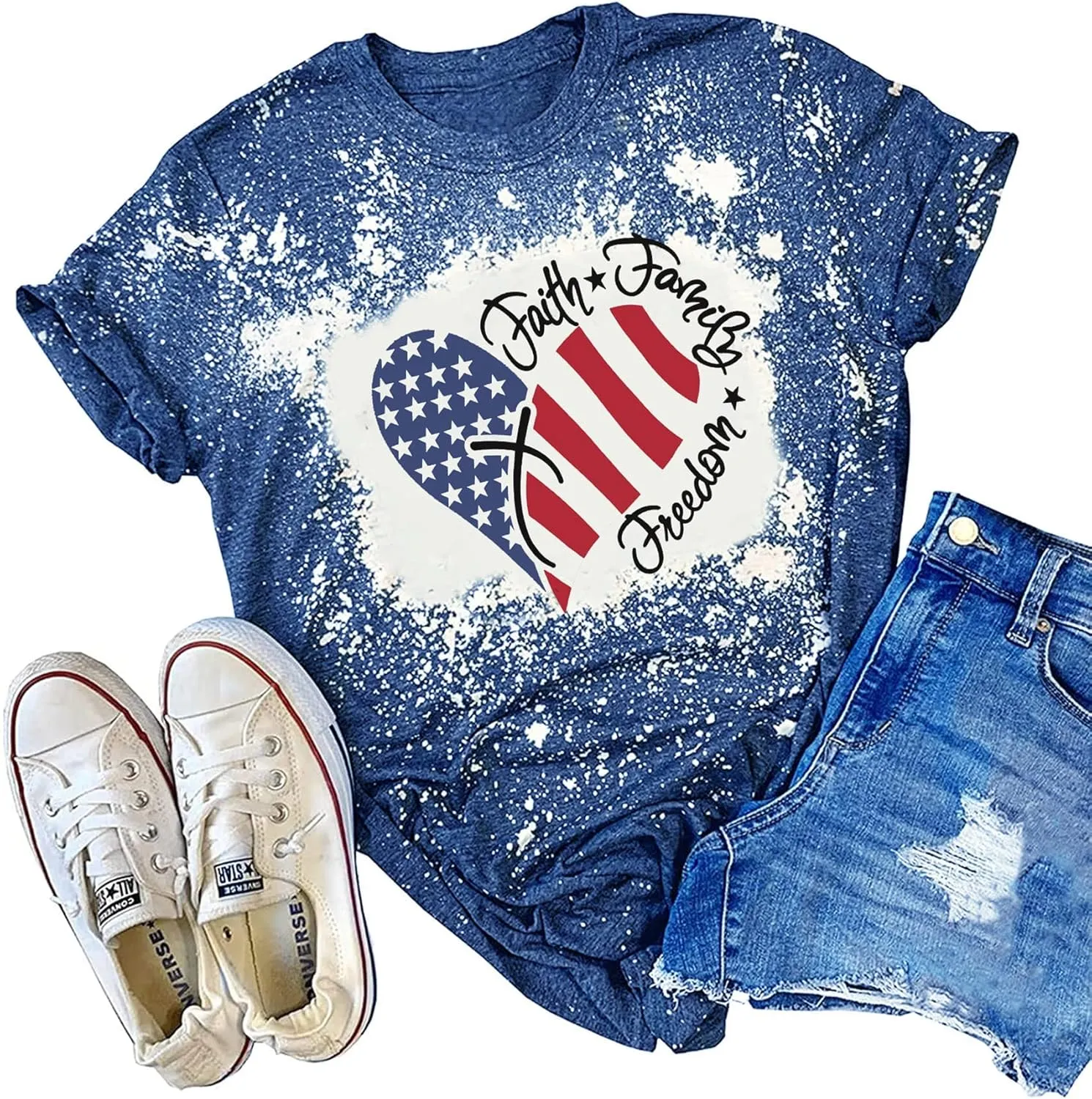 American Flag Shirt Women Patriotic Shirt Vintage USA Flag Bleached T-Shirt Short Sleeve 4th of July Tee Tops
