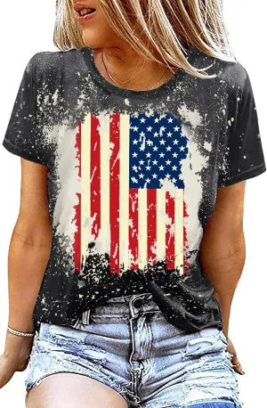 American Flag Shirt Women Patriotic Shirt Vintage USA Flag Bleached T-Shirt Short Sleeve 4th of July Tee Tops