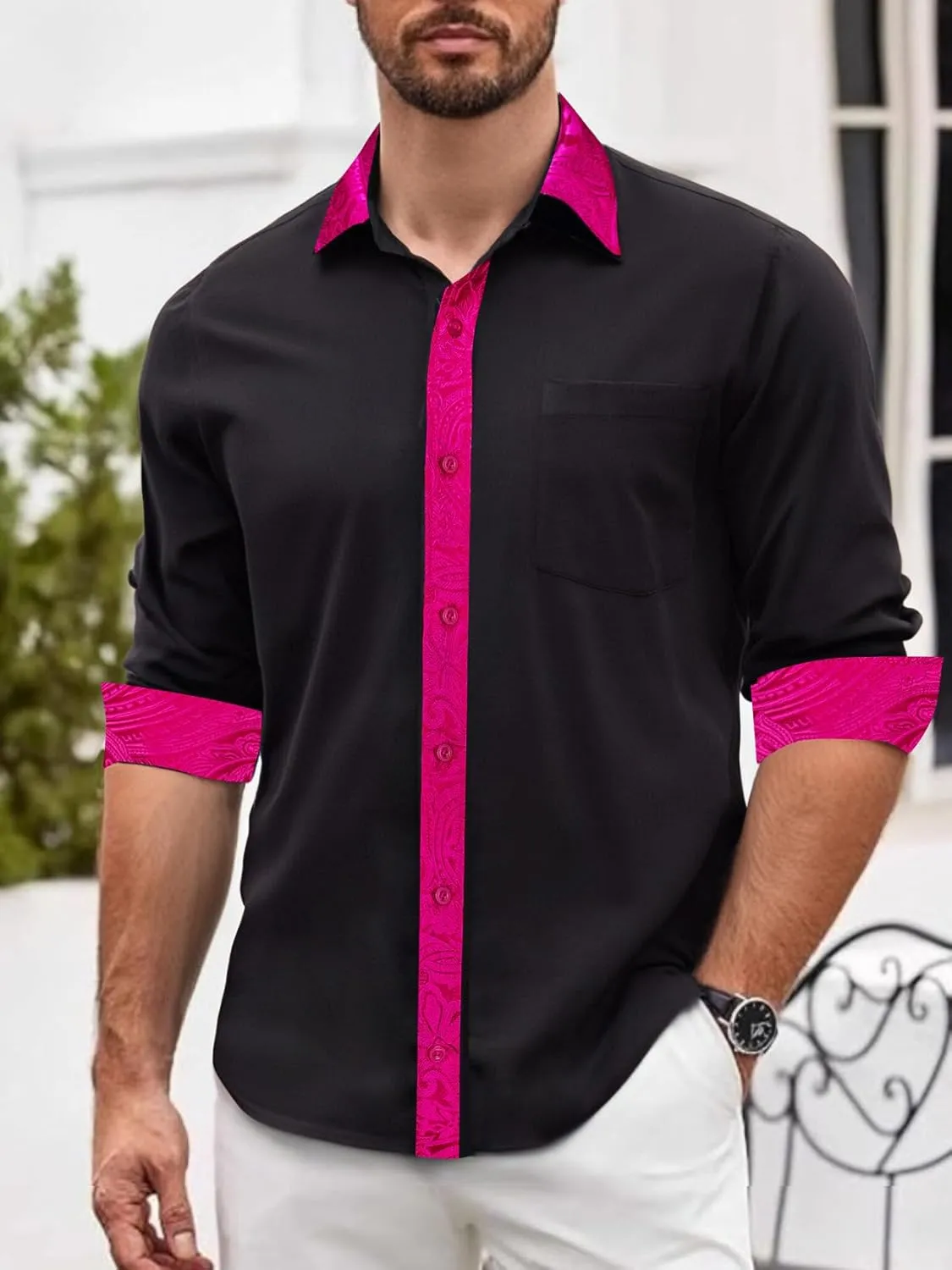 Barry.Wang Mens Dress Shirts Long Sleeve Button Down Business Formal Shirt Collar Cuff Contrast Casual Shirt Wedding