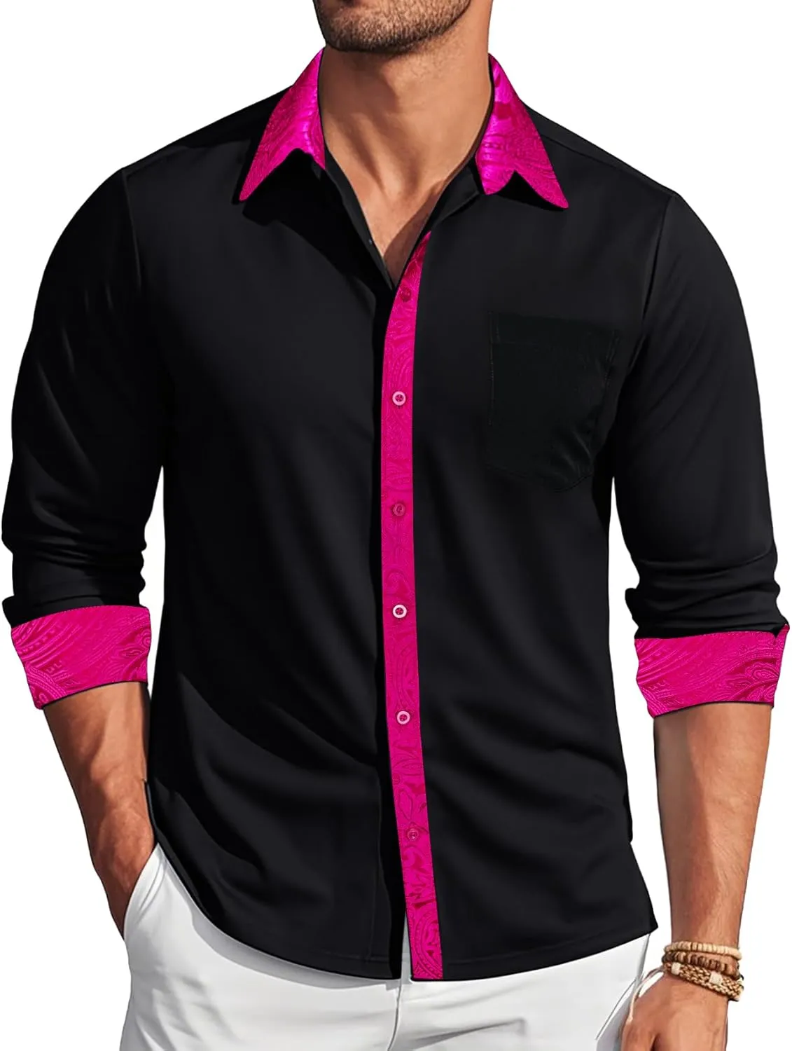 Barry.Wang Mens Dress Shirts Long Sleeve Button Down Business Formal Shirt Collar Cuff Contrast Casual Shirt Wedding
