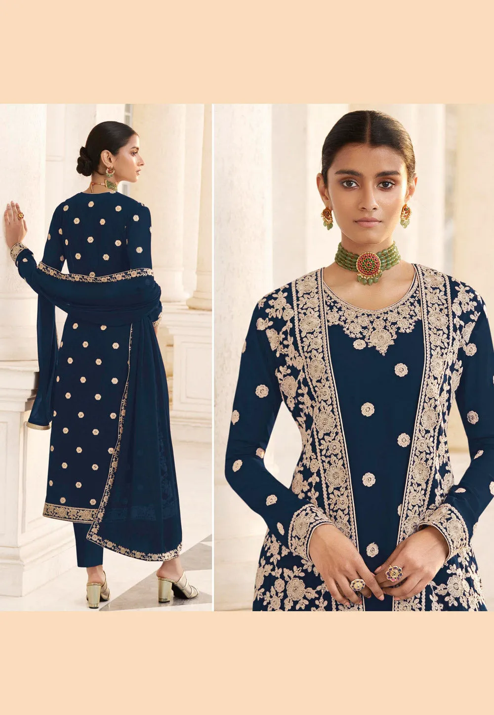 Blue Embroidered Jacket Style Pant Suit