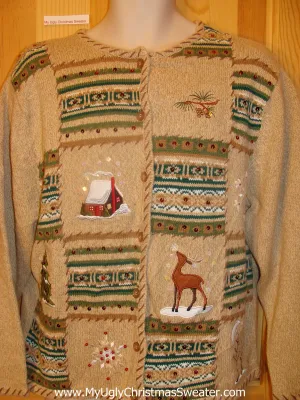 Christmas Sweater Jumper with Patchwork and Reindeer