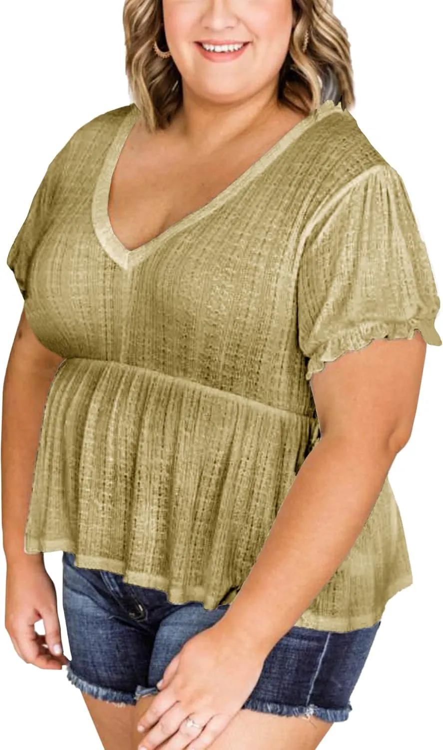 Deerose Women's Puff Sleeve Ruffle Hem Peplum Top