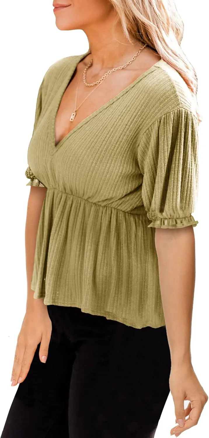Deerose Women's Puff Sleeve Ruffle Hem Peplum Top