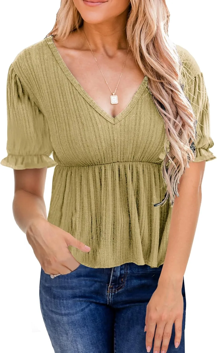 Deerose Women's Puff Sleeve Ruffle Hem Peplum Top