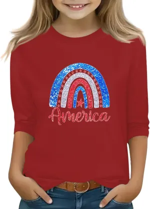 Fourth of July 3/4 Sleeve Shirts for Teens Girls USA Flag Crew Neck Cute Summer Tops Blouses Cute Clothes 5-16 Years