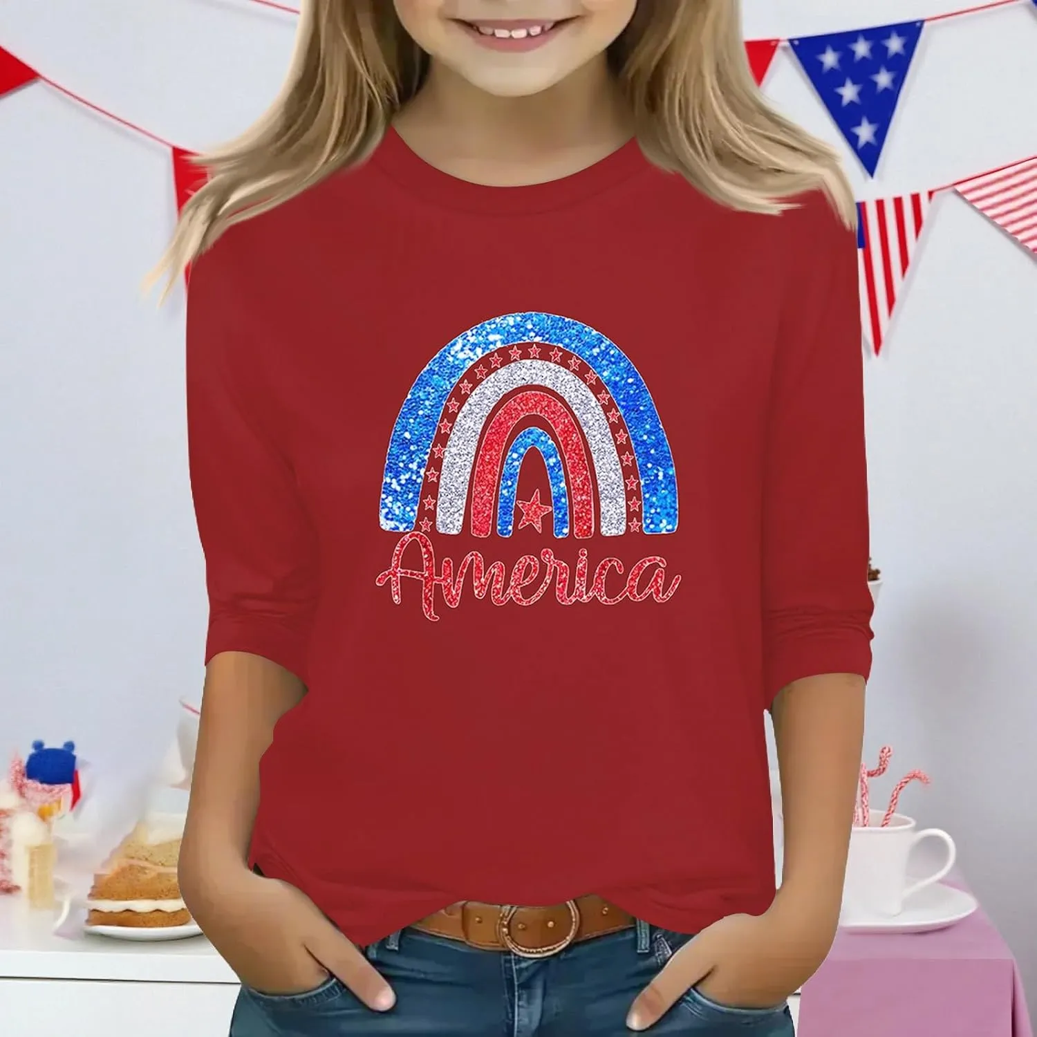 Fourth of July 3/4 Sleeve Shirts for Teens Girls USA Flag Crew Neck Cute Summer Tops Blouses Cute Clothes 5-16 Years