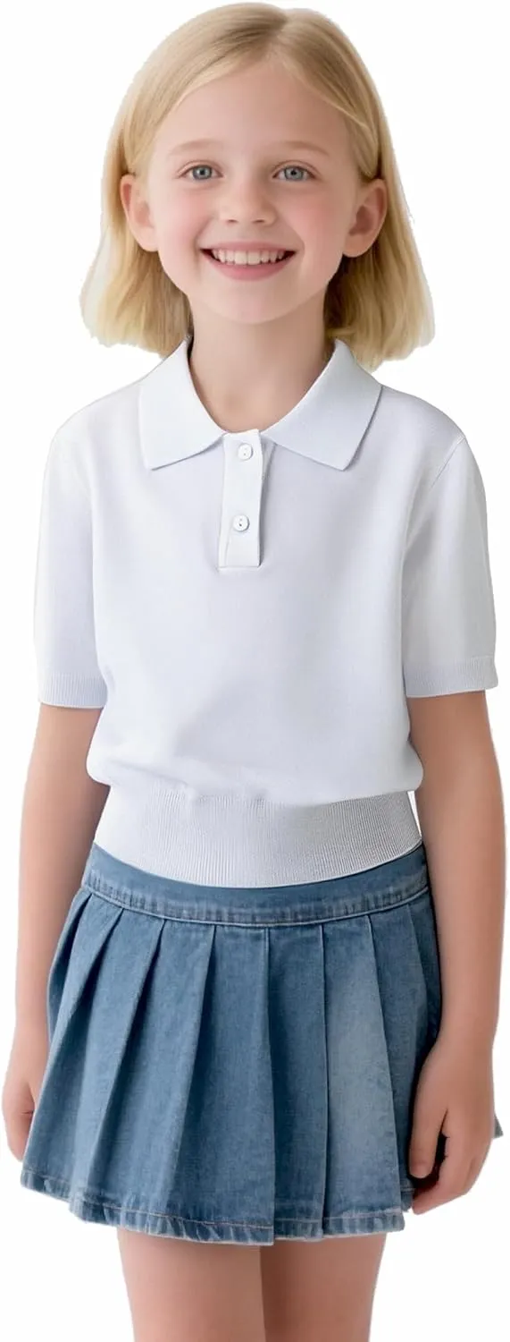 Girls Short Sleeve Polo Shirt V Neck Button Down Shirts Summer Knit School Uniform Crop Tops