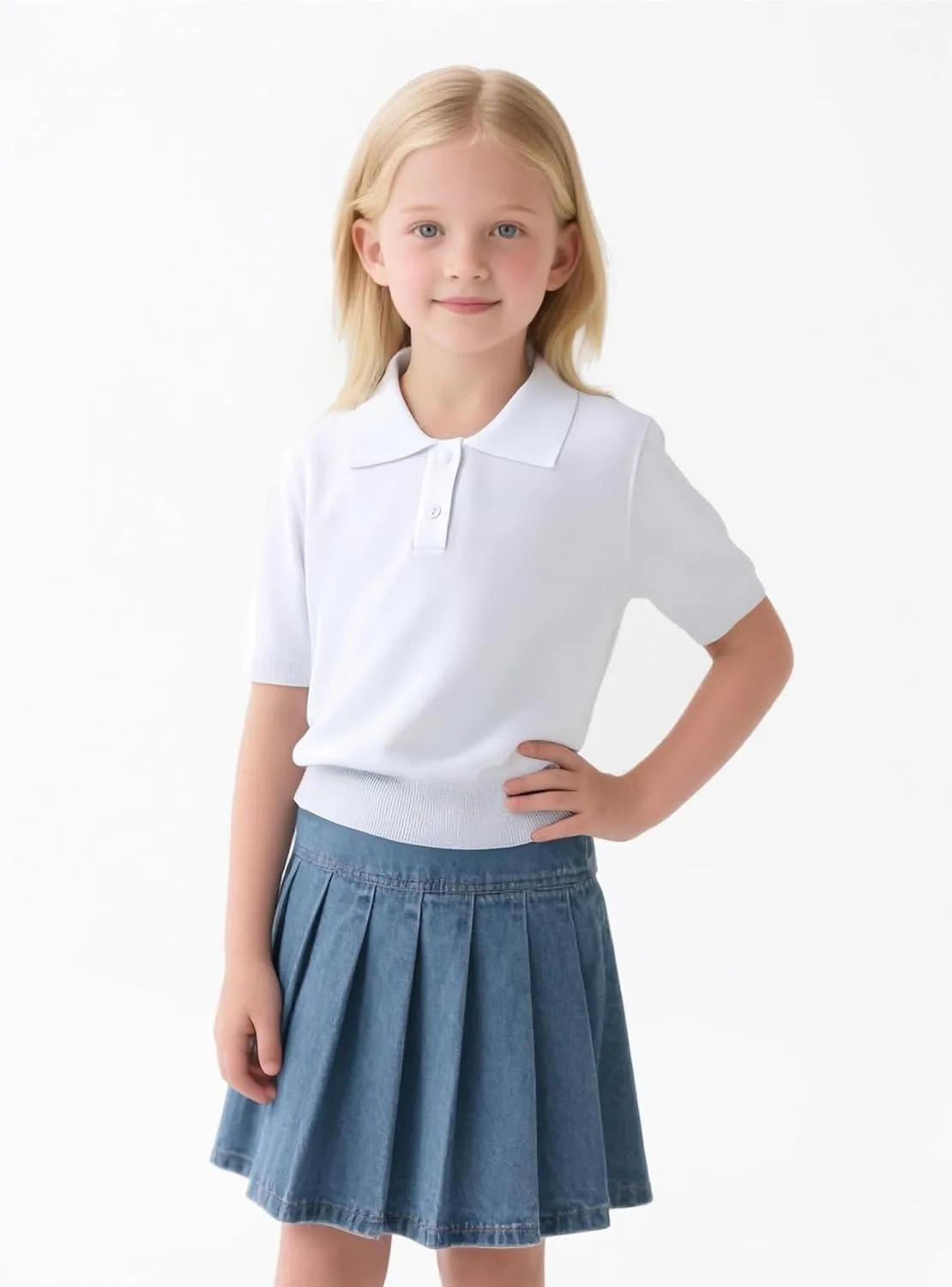 Girls Short Sleeve Polo Shirt V Neck Button Down Shirts Summer Knit School Uniform Crop Tops