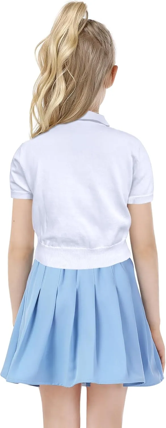 Girls Short Sleeve Polo Shirt V Neck Button Down Shirts Summer Knit School Uniform Crop Tops