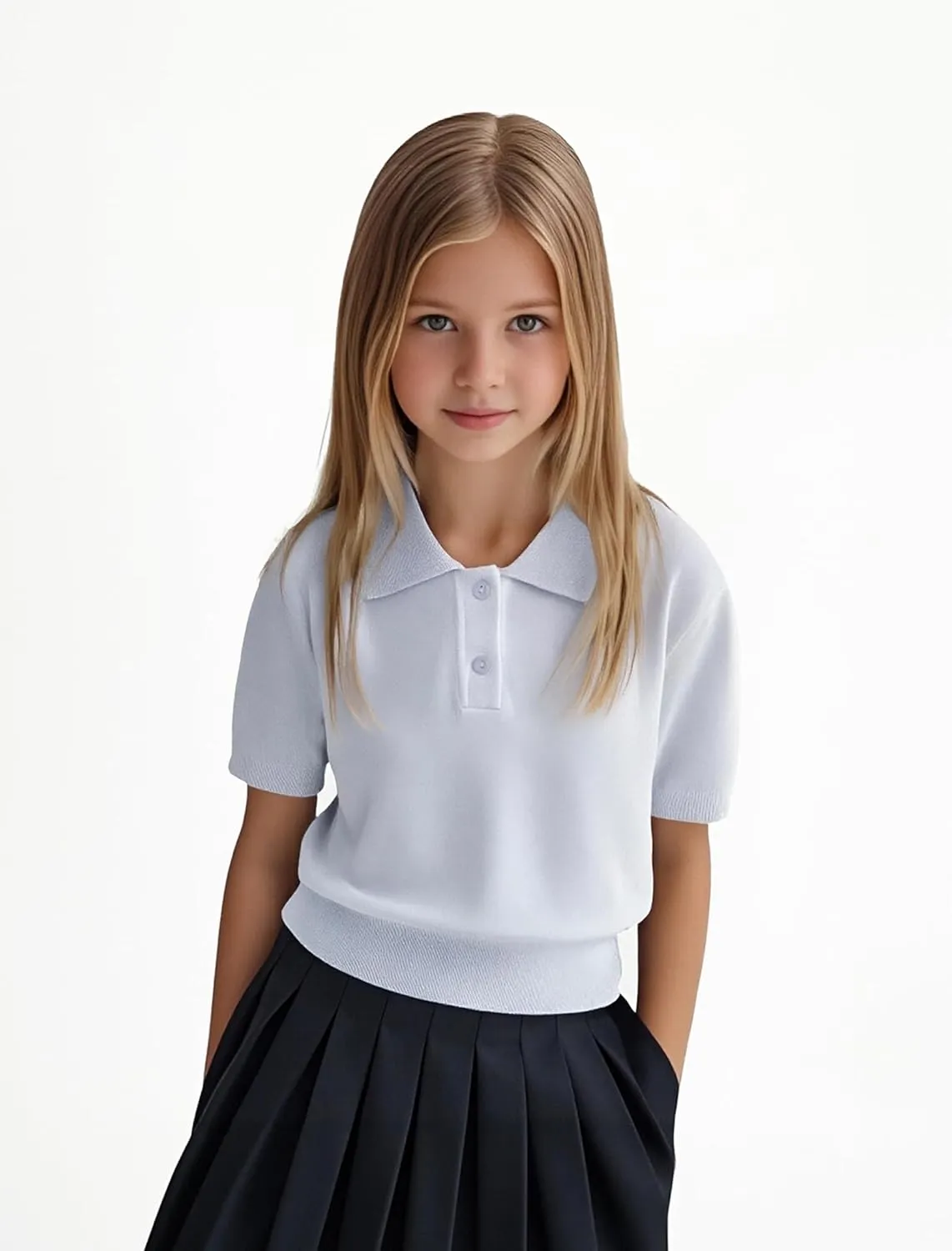 Girls Short Sleeve Polo Shirt V Neck Button Down Shirts Summer Knit School Uniform Crop Tops