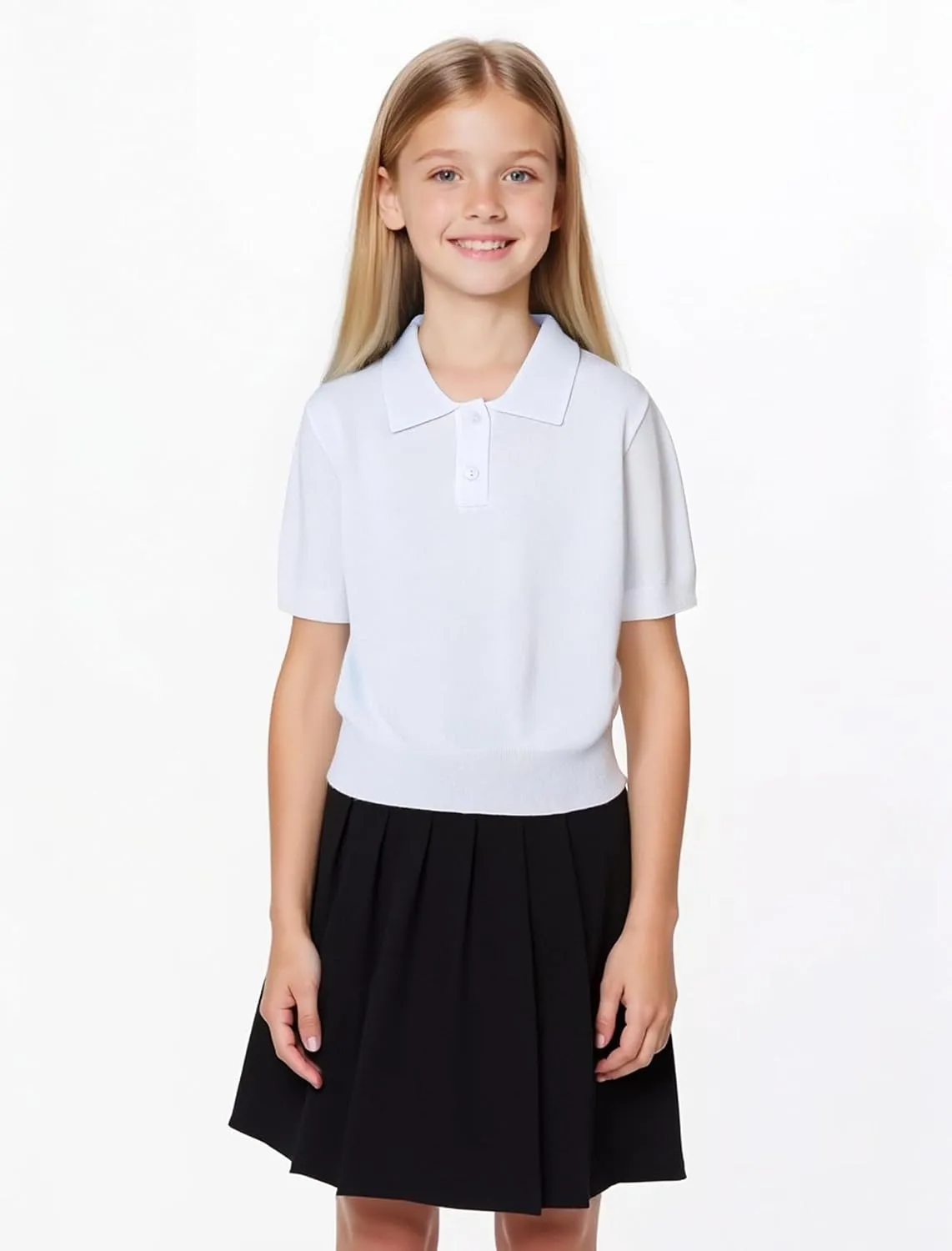 Girls Short Sleeve Polo Shirt V Neck Button Down Shirts Summer Knit School Uniform Crop Tops