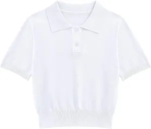 Girls Short Sleeve Polo Shirt V Neck Button Down Shirts Summer Knit School Uniform Crop Tops