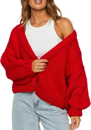 KMBANGI Women Crochet Chunky Sweater Open Front Long Sleeve Cable Knit Cardigan Cute Oversized Jumper Aesthetic Knitwear