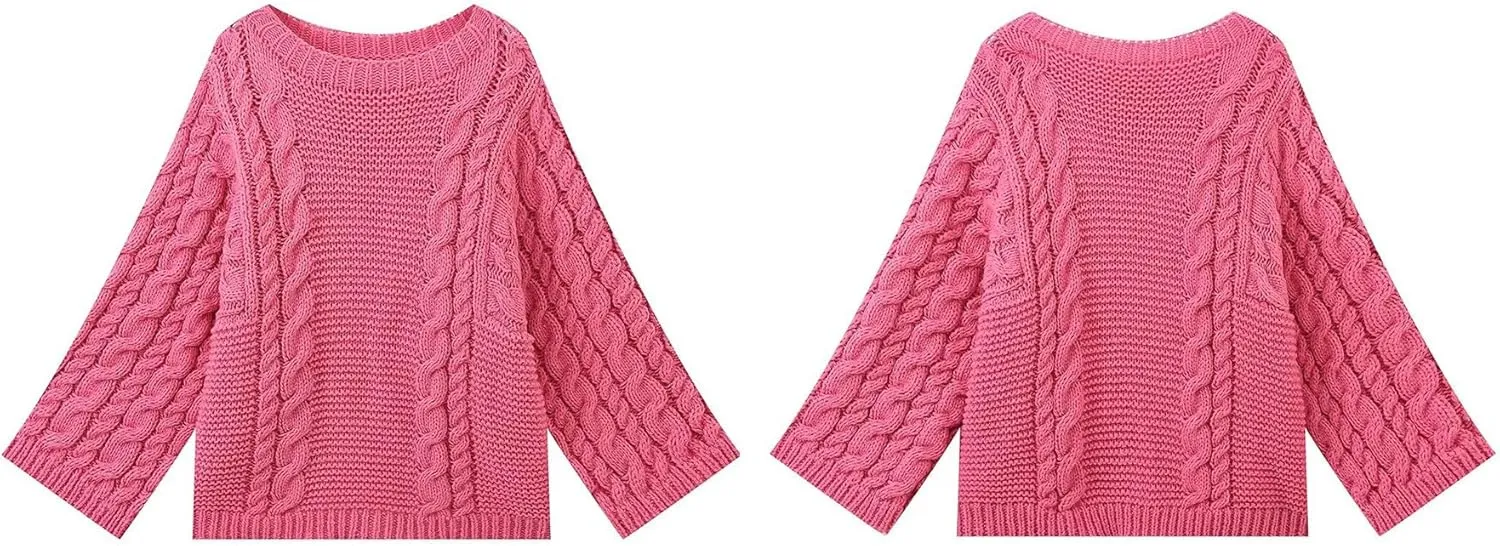 LETSVDO Women's Oversized Cable Knit Sweater Long Sleeve Crewneck Baggy Slouchy Chunky Pullover Sweaters