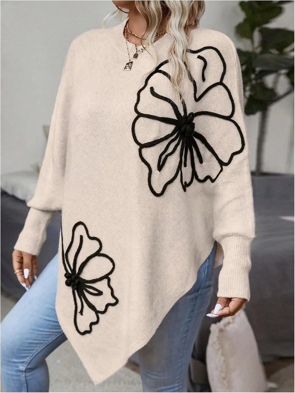 MakeMeChic Women's Fall Sweater Asymmetrical Hem Knit Poncho Sweater