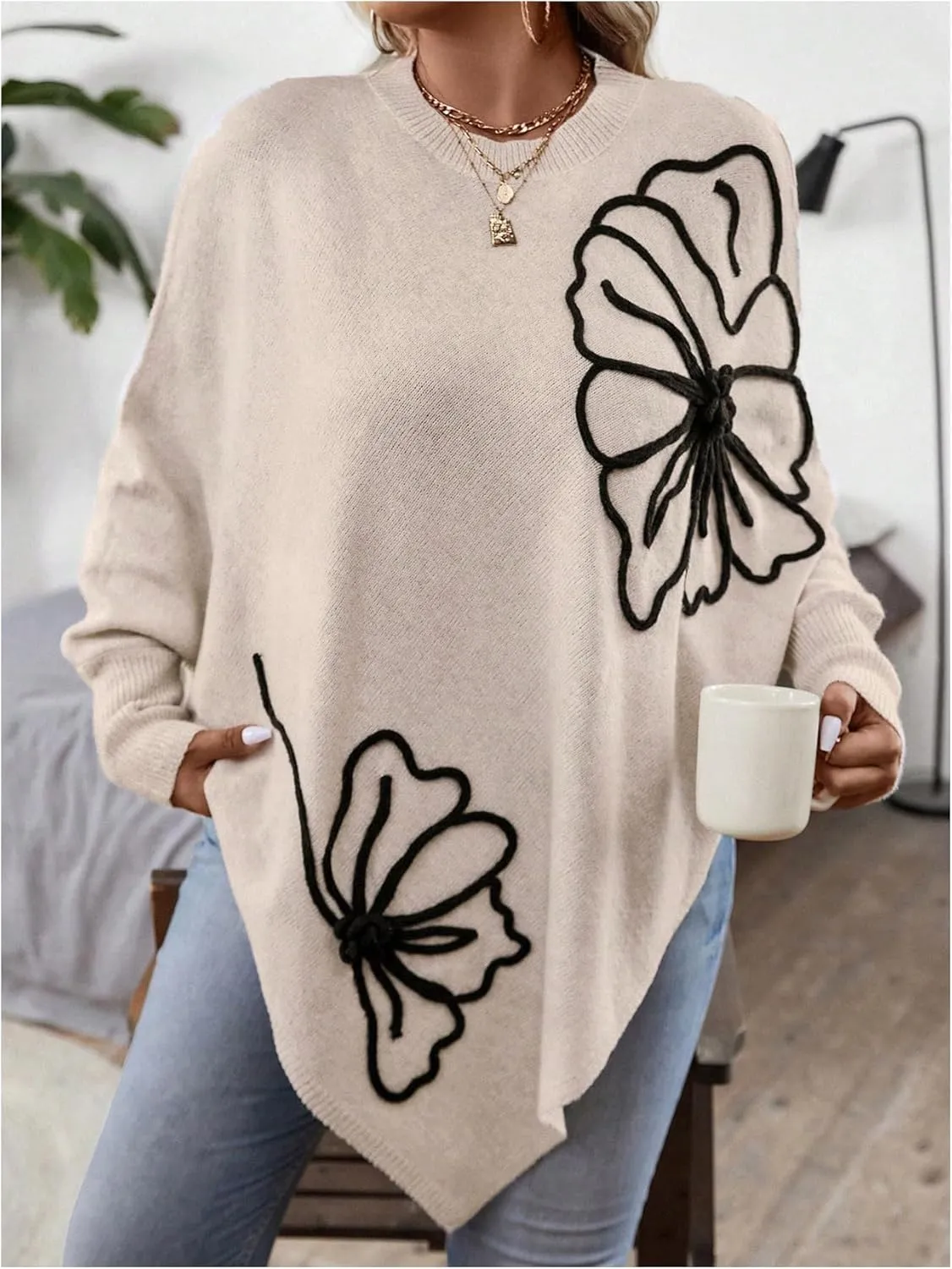 MakeMeChic Women's Fall Sweater Asymmetrical Hem Knit Poncho Sweater