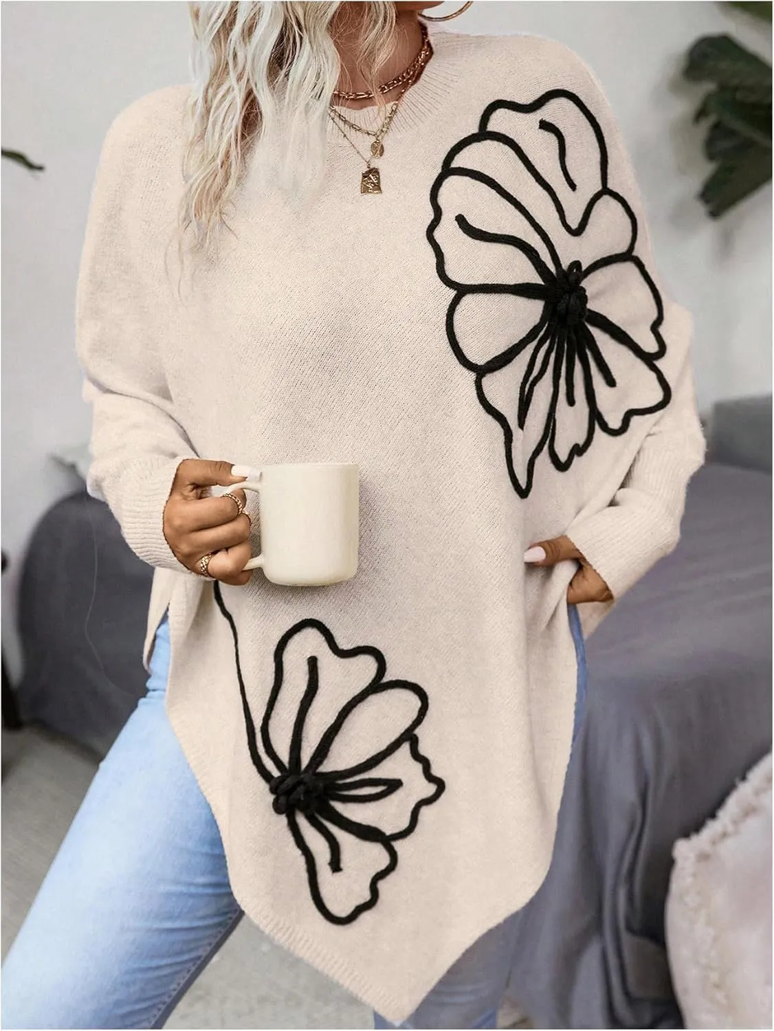 MakeMeChic Women's Fall Sweater Asymmetrical Hem Knit Poncho Sweater