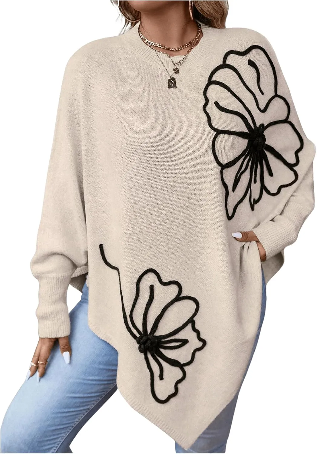 MakeMeChic Women's Fall Sweater Asymmetrical Hem Knit Poncho Sweater