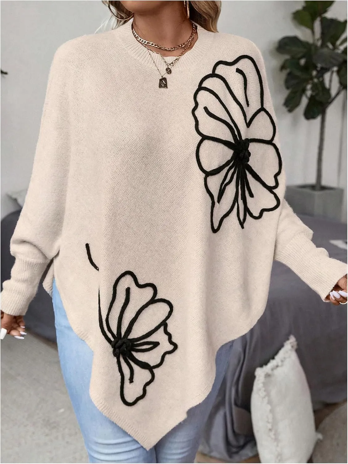 MakeMeChic Women's Fall Sweater Asymmetrical Hem Knit Poncho Sweater