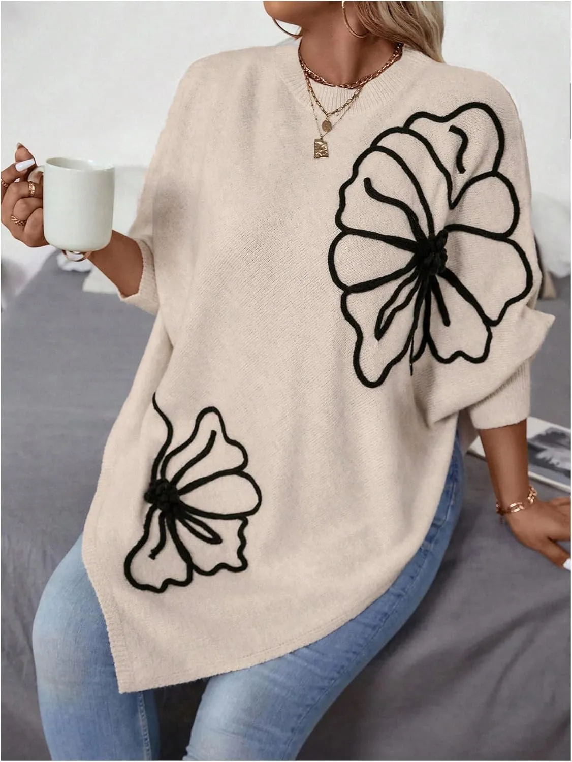 MakeMeChic Women's Fall Sweater Asymmetrical Hem Knit Poncho Sweater