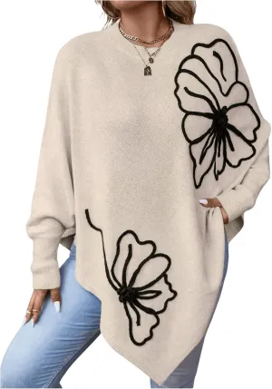 MakeMeChic Women's Fall Sweater Asymmetrical Hem Knit Poncho Sweater