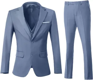 Men's 3 Piece Slim Fit Suit Set, Two Button Blazer Solid Jacket Vest Pants Wedding Business Suit