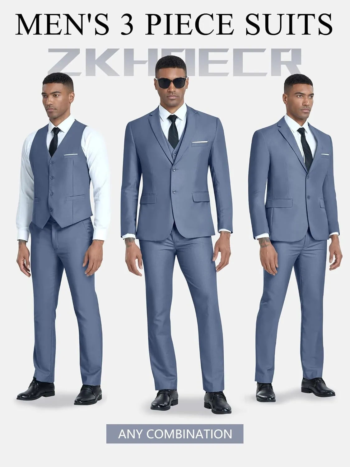 Men's 3 Piece Slim Fit Suit Set, Two Button Blazer Solid Jacket Vest Pants Wedding Business Suit