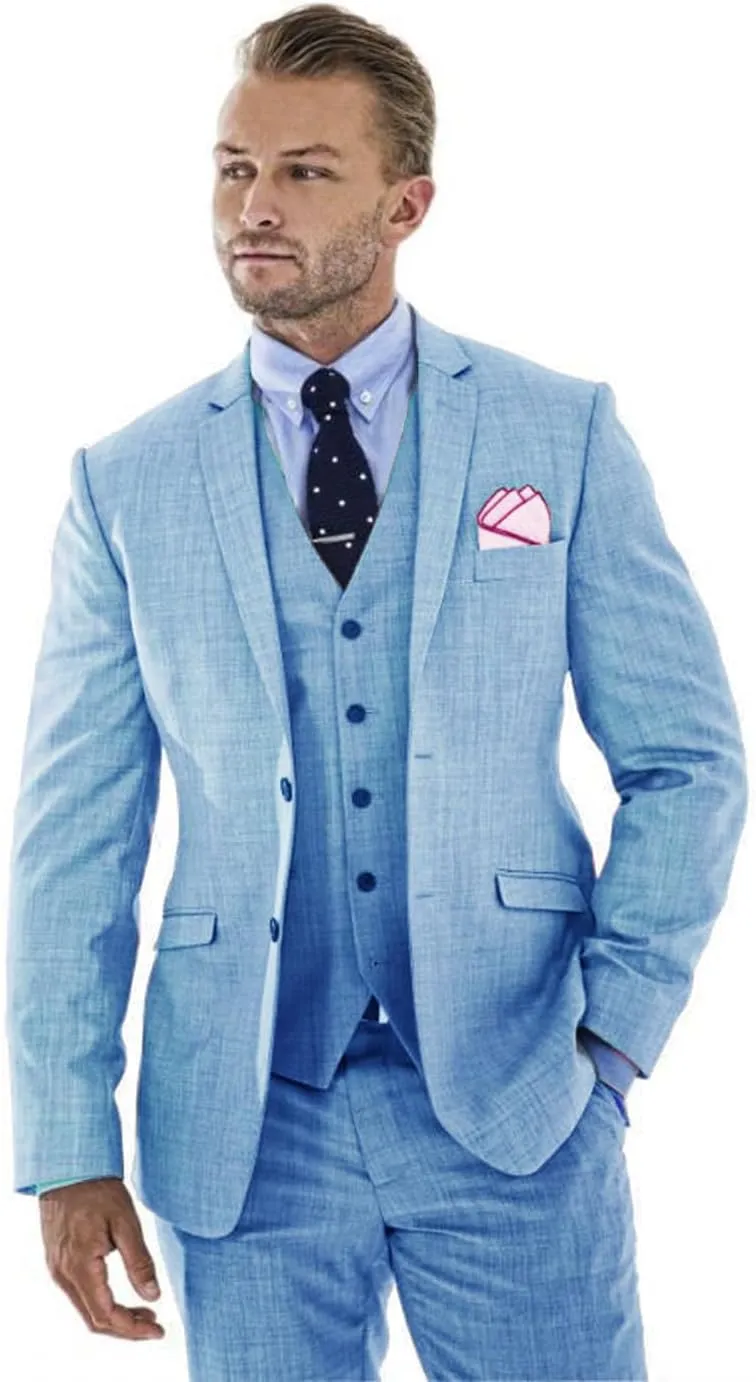 Men's 3 Pieces Linen Suit Slim Fit Summer Wedding Tuxedo Retro Grooms Prom Party Blazer Vest Pants