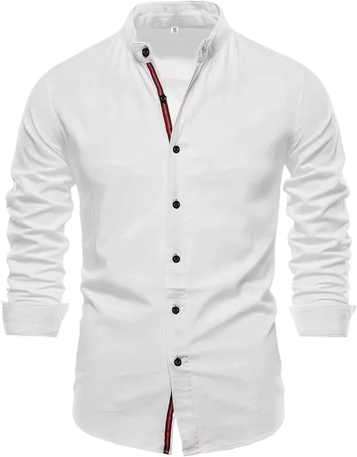 Men's Cotton Linen Slim Fit Standing Collar Shirt Business Solid Long Sleeved Social Button Shirts for Men Clothing