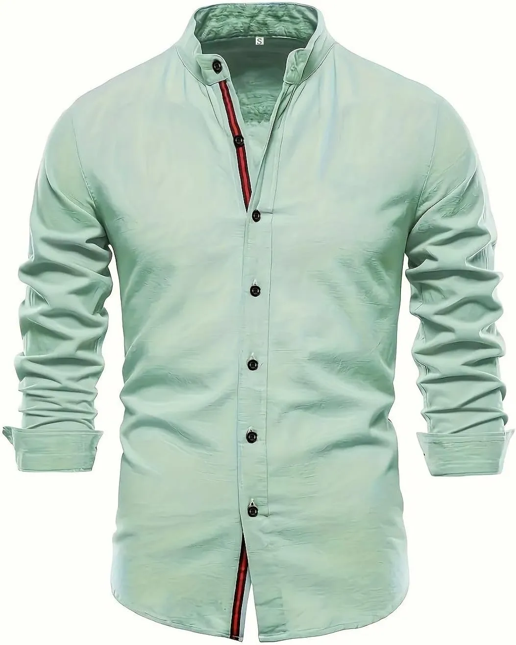 Men's Cotton Linen Slim Fit Standing Collar Shirt Business Solid Long Sleeved Social Button Shirts for Men Clothing