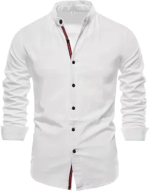 Men's Cotton Linen Slim Fit Standing Collar Shirt Business Solid Long Sleeved Social Button Shirts for Men Clothing