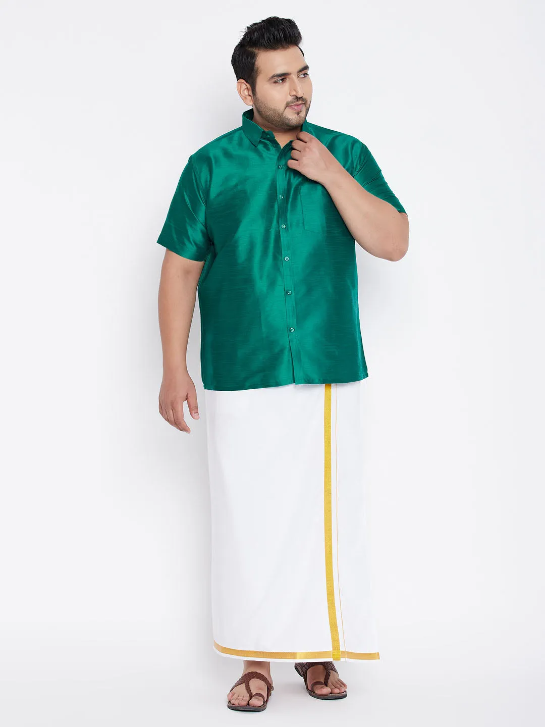 Men's Plus Green Silk Blend Ethnic Shirt - Vastramay