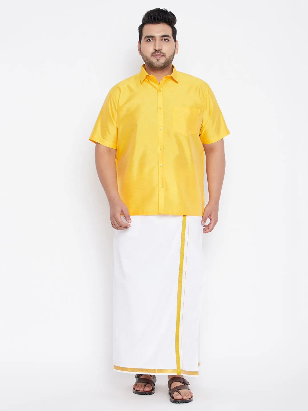 Men's Plus Yellow Silk Blend Ethnic Shirt - Vastramay