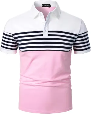 Mens Polo Shirts Long/Short Sleeve Striped Casual Slim Fit Golf Polo Contrast Color Summer Cotton T-Shirts