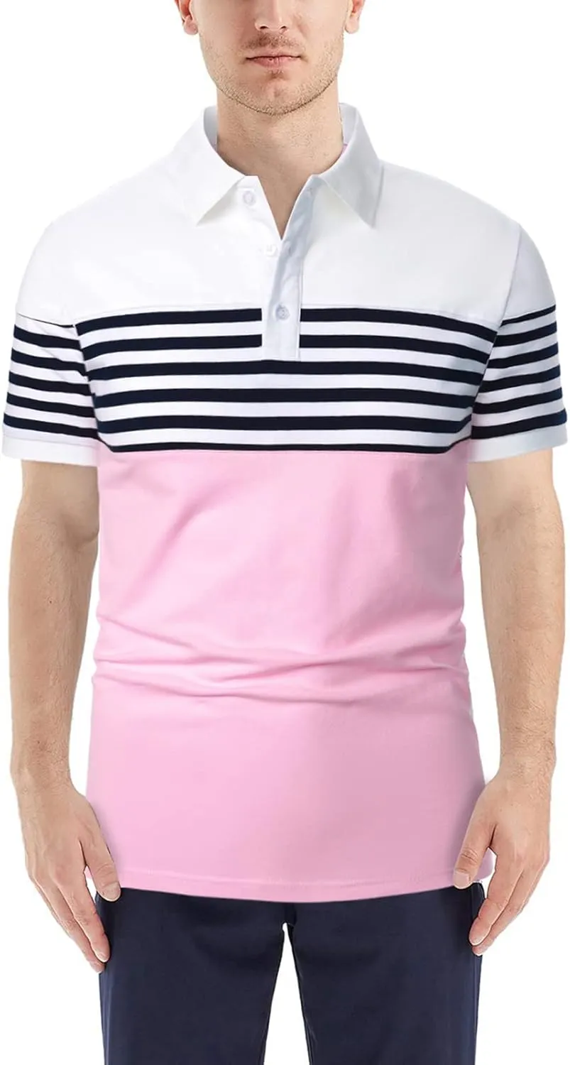 Mens Polo Shirts Long/Short Sleeve Striped Casual Slim Fit Golf Polo Contrast Color Summer Cotton T-Shirts