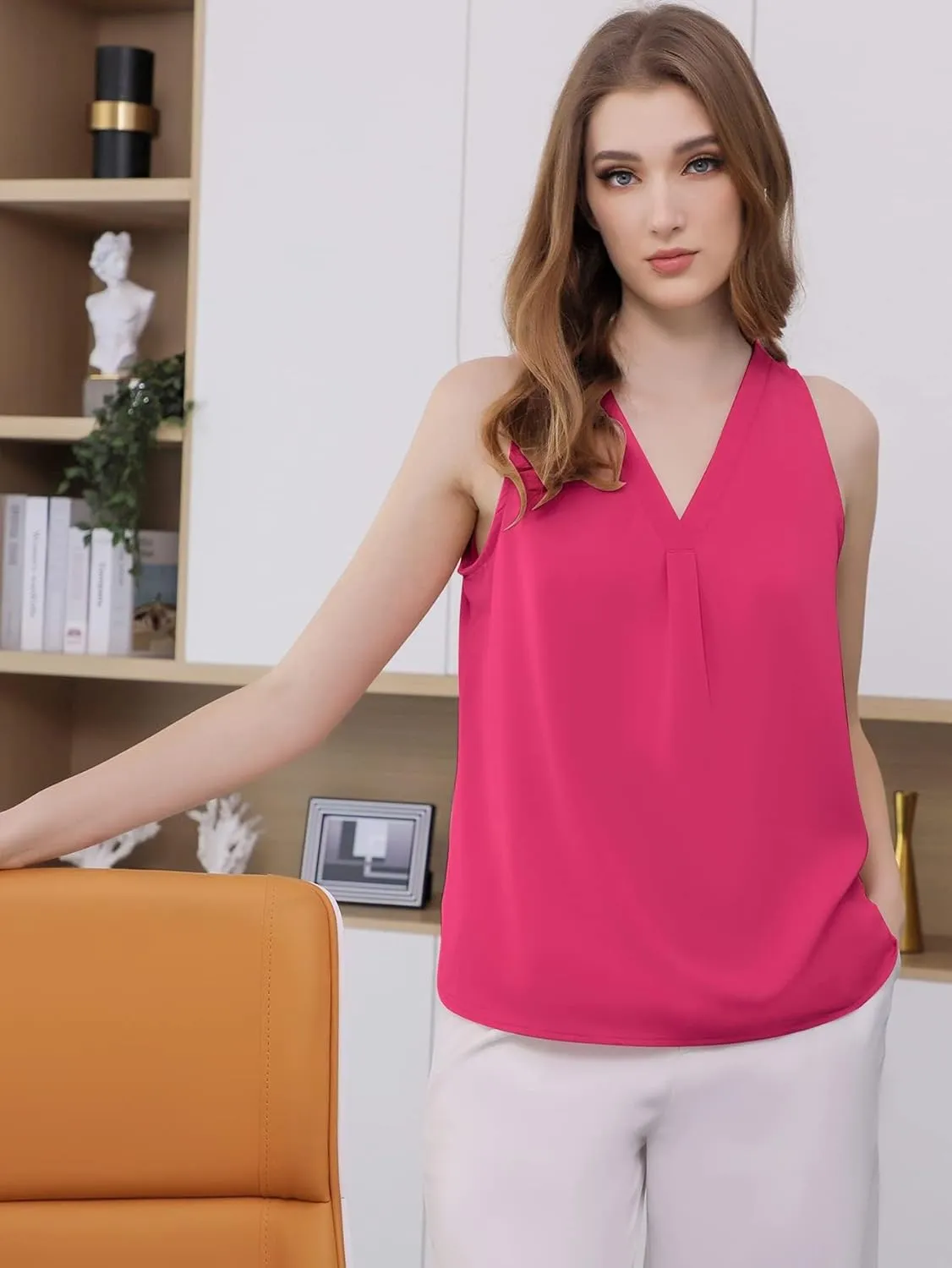 Milumia Women Sleeveless V Neck Work Office Blouse Pleated Tank Top Shirt
