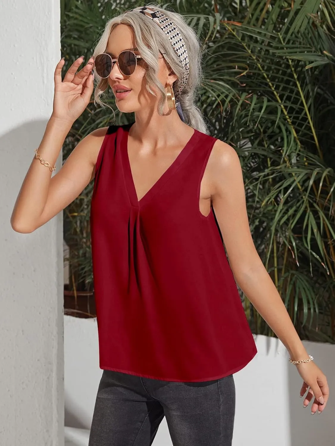 Milumia Women Sleeveless V Neck Work Office Blouse Pleated Tank Top Shirt