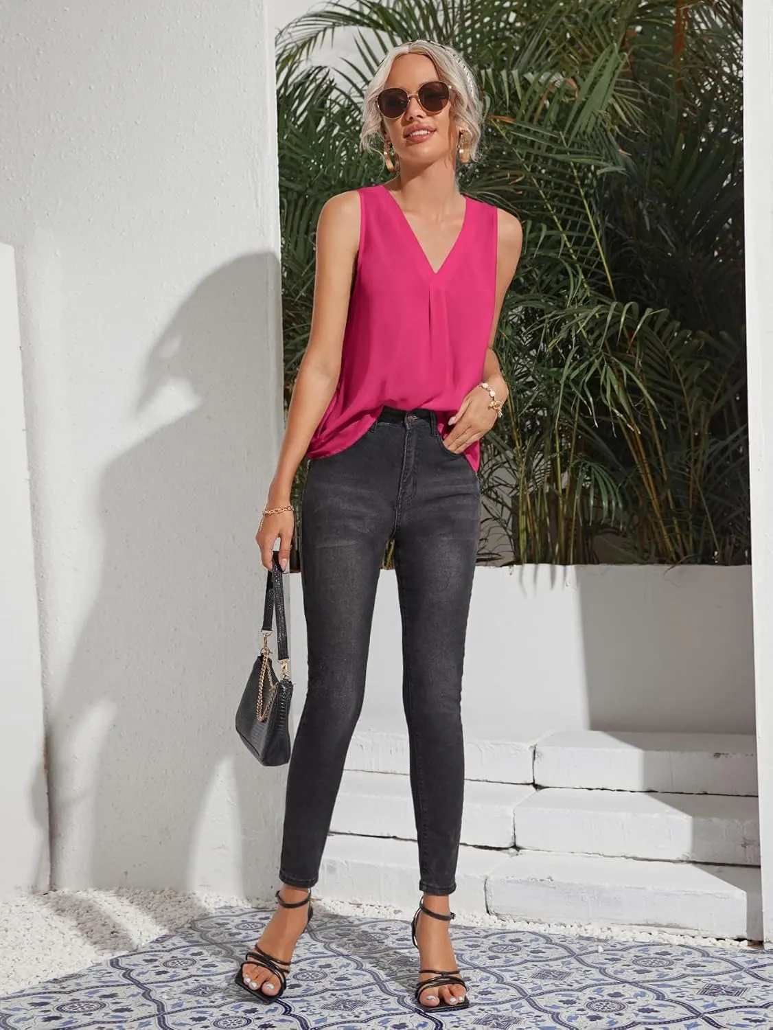 Milumia Women Sleeveless V Neck Work Office Blouse Pleated Tank Top Shirt