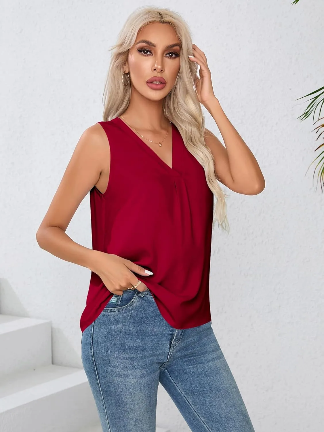 Milumia Women Sleeveless V Neck Work Office Blouse Pleated Tank Top Shirt